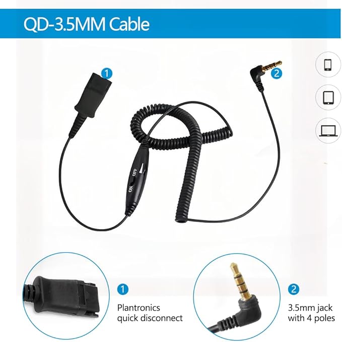QD Headset with 3.5mm Jack&USB-C Adapter for PC,Cellphone,Tablet, 2.5mm Jack Compatible with Panasonic-Cisco-AT&T-Grandstream IP Phones, etc. with Mute, Volume Control (2.5mm&3.5mm Connectivity)