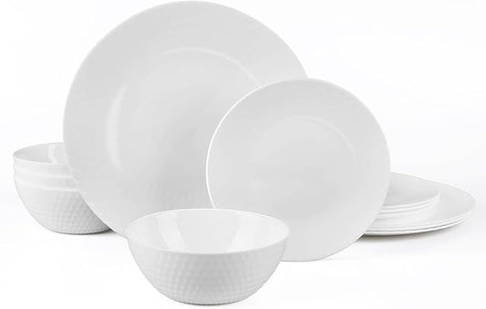 Dinnerware Sets for 4, Light & Durable 12 Pieces Opal Glass Plates and Bowls Set, Dishwasher and Microwave Safe Ribbed Dish Dinning Ware, Thin but Strong Geometric Faceted White