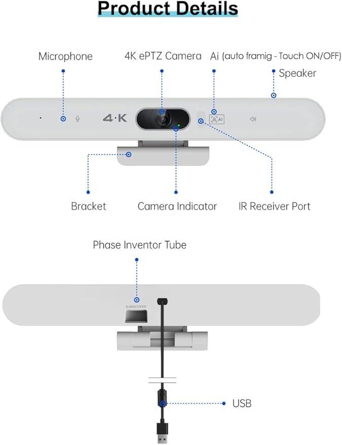 Conference Room Camera, All-in-One 4K Webcam with Microphone and Speaker, AI Tracking and Auto Framing, Wide Angle of View, Plug and Play USB Webcam for PC, Mac, Meetings, Teams, Zoom & Webex (White)