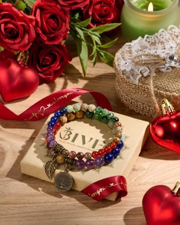 Bivei Natural Semi Precious Gemstone beads bracelet for women - Life Tree and Leaf Charm Energy Reiki Crystal Stretch Bracelets