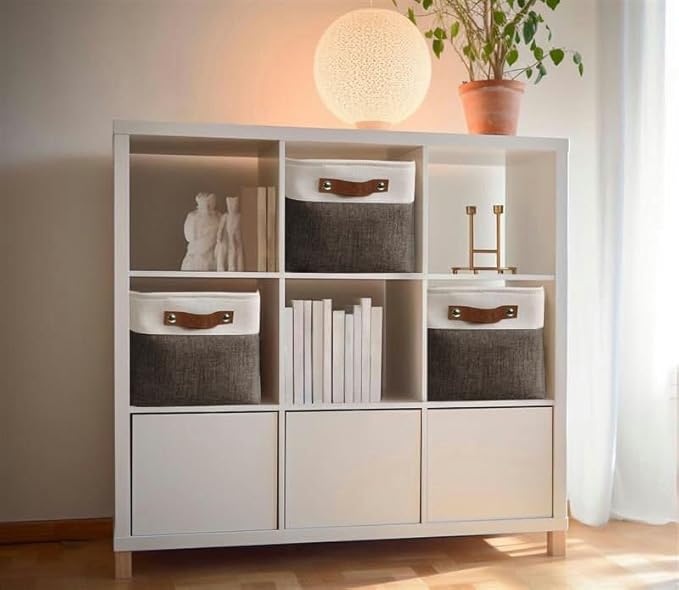 DECOMOMO Storage Baskets for Shelves - Fabric Storage Bins, Linen Closet Organizers and Storage (Brown & White, Large - 3 Pack)