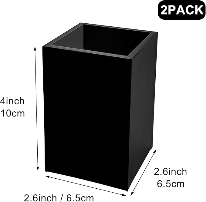 2 Pack Black Acrylic Pencil Pen Holder Cup,Desk Accessories Holder,Makeup Brush Storage Organizer,Modern Design Desktop Stationery Organizer for Office School Home Supplies,2.6x 2.6x 4 inches