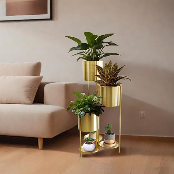 TRIROCKS Metal Plant Stand 6 Tier 6 Potted Indoor Flower Pot Stand Holder Shelf Outdoor Foldable Decorative Storage Shelf Rack for Multiple Potted Plants Patio Garden Living Room Corner(Gold)