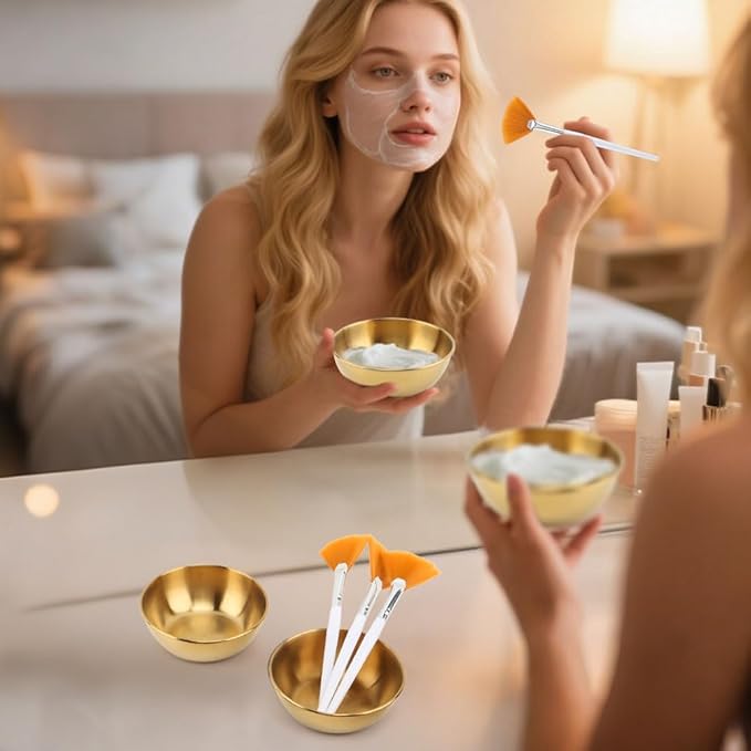 30Pcs Esthetician Supplies for Facials Set, 6 Gold Facial Bowls 6 Facial Brushes 6-Flat Brushes 12 Facials Sponge Compressed Round, Face Masks Cosmetic Applicators for Women(COLOR:gold)