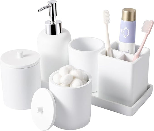 Resin 6 Pcs White Bathroom Set Complete with Toothbrush Holder, Lotion Soap Dispenser, 2 Qtip Holder Dispensers,Vanity Tray,Bathroom Tumbler - Countertop Vanity Organizer - Bathroom Accessories Set