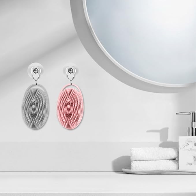 2 Pack Silicone Body Scrubber with Loofah Exfoliating Soft Body Shower Scrubber for Body, 2 in 1 Bath and Shampoo Wash Brush for Skin Exfoliation Men Women (Grey&Pink)