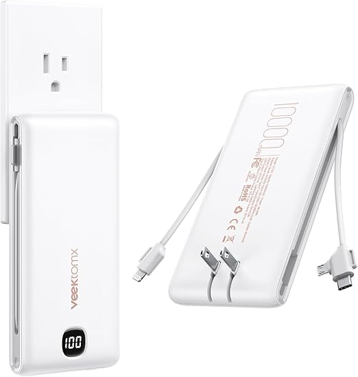 VEEKTOMX Portable Charger with Built in Cables 10000mAh, Power Bank for iPhone with Wall Plug, Travel Essential Fast Charging USB C Slim External Battery Pack for iPhone 17/16/15, Samsung, iPad, etc