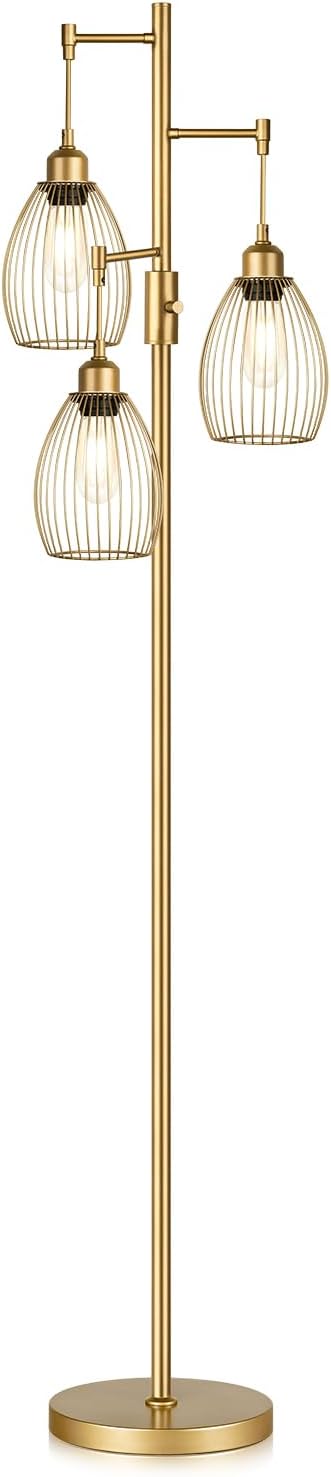 Torondo Dimmable Floor Lamp, Industrial Floor Lamps for Living Room, Gold Tree Lamp Standing Lamp Tall Lamps with 3 Elegant Teardrop Cage Head & 800 Lumens LED Bulbs for Living Room Bedroom Office