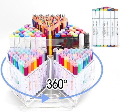 Large Capacity 360° Rotating Marker Organizer with 6 Compartments Acrylic Pen Holders Office Storage Supplies Holds over 600+ Pencils