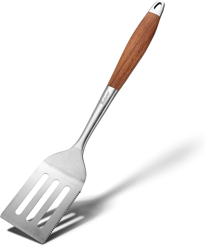 Professional Grade Stainless Steel Cooking Spatula - 17 Inches, Sturdy and Durable, Premium Solid Wood Handle, with Bottle Opener, Suitable for Barbecue, Outdoor Kitchens, and Grilling Food