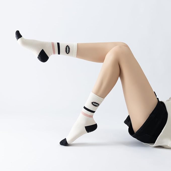 Yoga Pilates Socks with Grips for Women Non Slip Striped Cushioned Crew Socks for Barre Ballet Dance