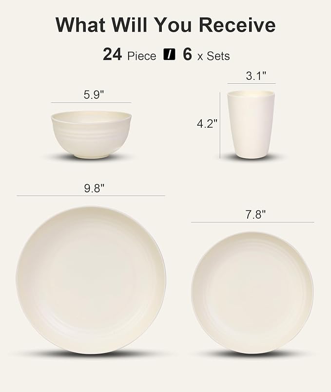 Quatish 24 Piece Plates and Bowls Sets for 6, Unbreakable Dinnerware Sets, Plastic Dish Set for Camping, Dishwasher Microwave Safe, Outdoor Kitchen and Apartment Dinning RV Essentials, Beige