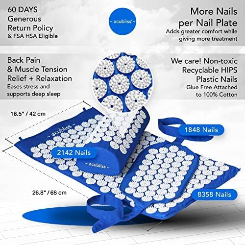 Premium Acupressure Mat, Strap & Pillow 3 Piece Gift Set, 12,348 Acupuncture Pressure Points for Back Pain Relief, Increased Energy, Relaxation, FSA/HSA Eligible, Drawstring Bag, Deep Blue