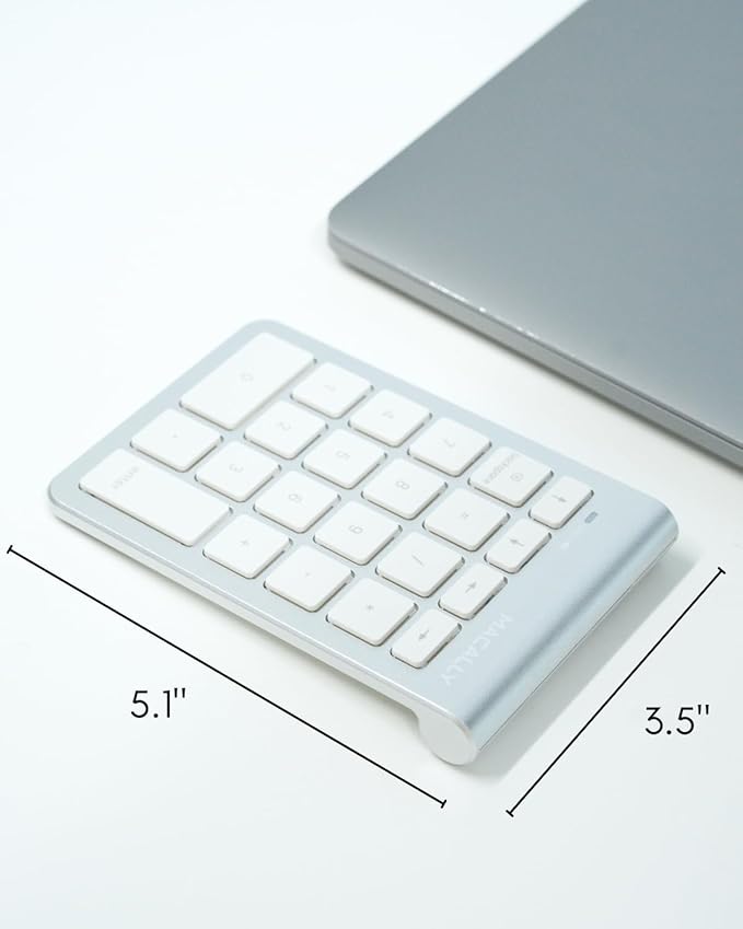 Macally Bluetooth Number Pad for Laptop - Wireless Numeric Keypad - 22 Key Numeric Keypad for Data Entry, Numpad Compatible with MacBook, iPad, iPhone, iOS, Laptop, PC, Android - Silver