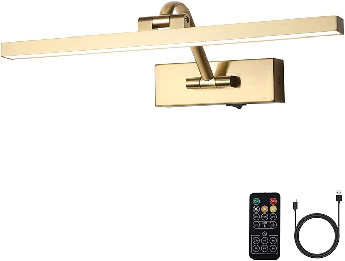 Wireless Picture Lights with Remote and Timer Brass Gallery Lighting Rechargeable Wireless Art Lights 3CCT Dimmable Painting Lights Battery operated wall lights for Portrait artwork display 3W 16"