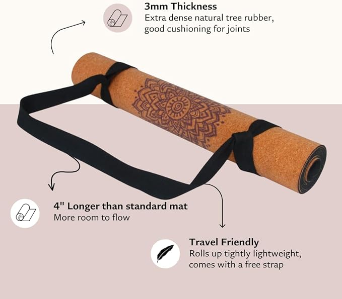 Shakti Warrior Cork Yoga Mat - Artist Designed, Premium Printed Eco-Friendly Non-Slip mat, Great for Regular & Hot Yoga, Pilates, Workouts 72 inch x 24 inch x 3mm Thick