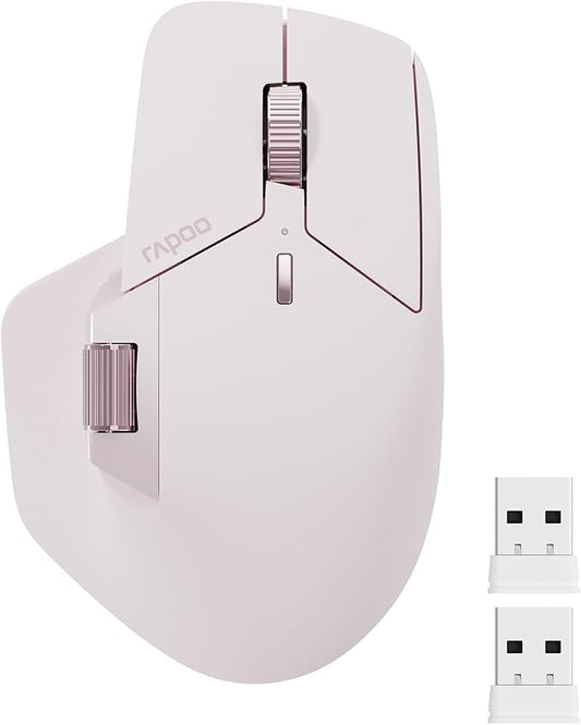 Rapoo MT760 Multi-Device Wireless Mouse, Bluetooth 5.0 and 2.4GHz Multi-Mode Connection, Up to 4 Devices, 11 Programmable Buttons, 4K DPI, Ergonomic Design, 90 Days Battery Life, PC, Pink