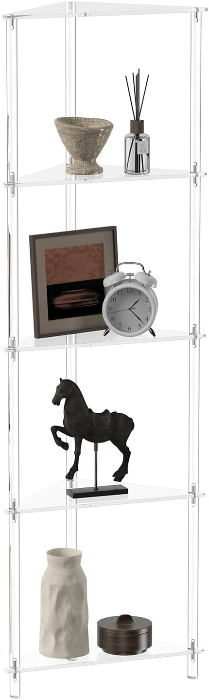 Elgaf Acrylic 5-Tier Corner Shelf Stand - 11.7'' W Corner Display Shelves Storage Shelf for Collectibles, Plants, Books, 11.7’’ D x 11.7'' W x 53.3'' H, Triangle, Clear