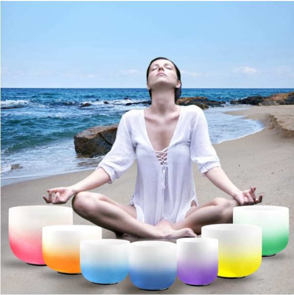 RYAN DVAN 432hz 6-12 Inch Set of 7 Pcs Gradient Design Quartz Crystal Singing Bowl Chakra Set Sound Therapy for Yoga, Reiki, Chakra Healing Energy Tuning & Mindfulness Kit