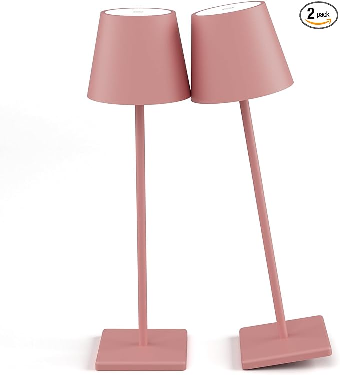 2-Pack LED Cordless Table Lamp, Rechargeable Battery Desk lamp 3W 5500mAh Battery Operated Stepless Dimming Modern Portable Table Light for Restaurant/Bedroom/Outdoor IP54 Waterproof (Pink)