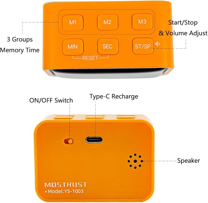 Digital Mini LED Timer, Rechargeable LED Countdown/Up Timer, 3 Pre-Set Memory Time Loud Alarm ON/Off Function, Ideal for Homework, Cooking, Classroom, Office, Kids Students (White)