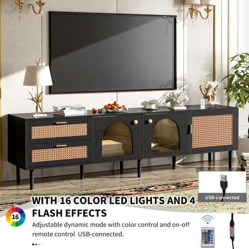 Rattan TV Stand for 75 Inch TV, Modern Farmhouse Media Console with Solid Wood Legs, Multi-Functional Storage & Cable Management, Easy Assembly Entertainment Center for Living Room Home