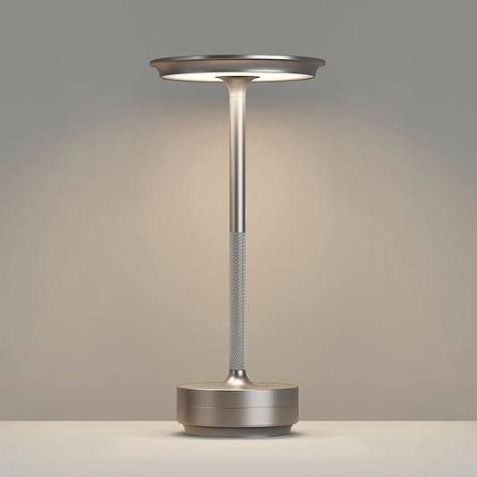 Rechargeable Cordless Table Lamps, 5000mAh Portable LED Table Light, 3 Color Stepless Dimming Battery Powered Metal Table Lamp for Outdoor Patio/Bedroom/Restaurant.(Silver)
