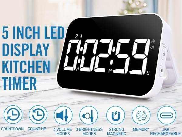 LED Timer（1.5" Number） with Voice Reminder, Digital Magnetic Timer, Countdown/Up, Rechargeabilit, Brightness Display, 3 Volume Levels and Vibration Mode, for Classroom, Study (White)