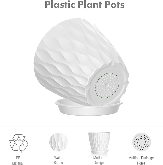 4 inch Small Plastic Nursery Pots, 5 Pack Water Ripples Plant Pots for Indoor Plants, Flower Pots with Drainage Holes and Saucers, Seedling Starter Planters for Succulent Plants, White