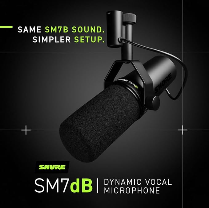 Shure SM7dB Dynamic Vocal Microphone w/Built-in Preamp for Streaming, Podcast, & Recording, Wide-Range Frequency, Warm & Smooth Sound, Rugged Construction, Detachable Windscreen - Black