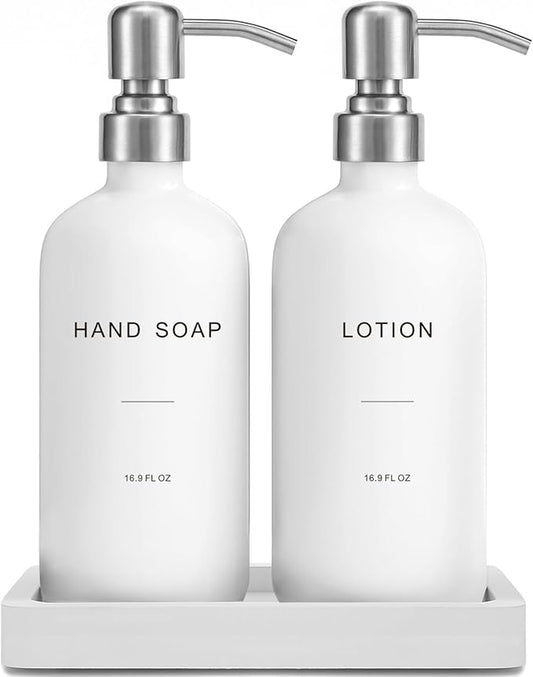 White Soap Dispenser Bathroom Set, Hand and Lotion Dispenser with Pump, Perfect for Bathroom Essentials for New Home. (Silver & White)