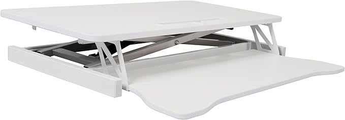 32 Inch Height Adjustable Stand Up Laptop Desk Converter, Heavy Duty Standing Computer Workstation Riser with Removable Keyboard Tray for Home Office Workshop, Spacious Platform for Monitor, White