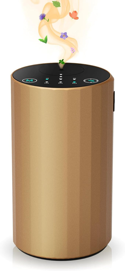 Waterless Essential Oil Diffuser Aromatherapy Scent Diffusers for Home Large Room, Bedroom, Car, Office, Desk, Battery Operated Mini Portable Air Freshener (Golden)