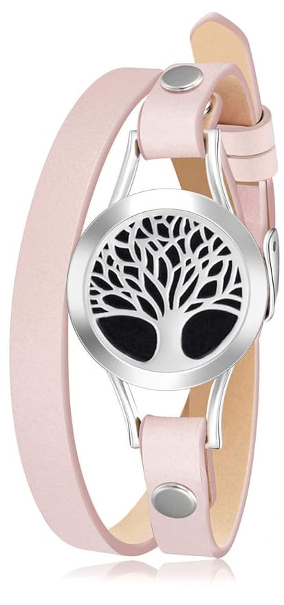 Wild Essentials Tree of Life Essential Oil Bracelet Diffuser, Leather Wrap Band, Stainless Steel Locket Pendant, 12 Color Refill Pads, Customizable Color Changing Perfume Jewelry, Aromatherapy, Pink