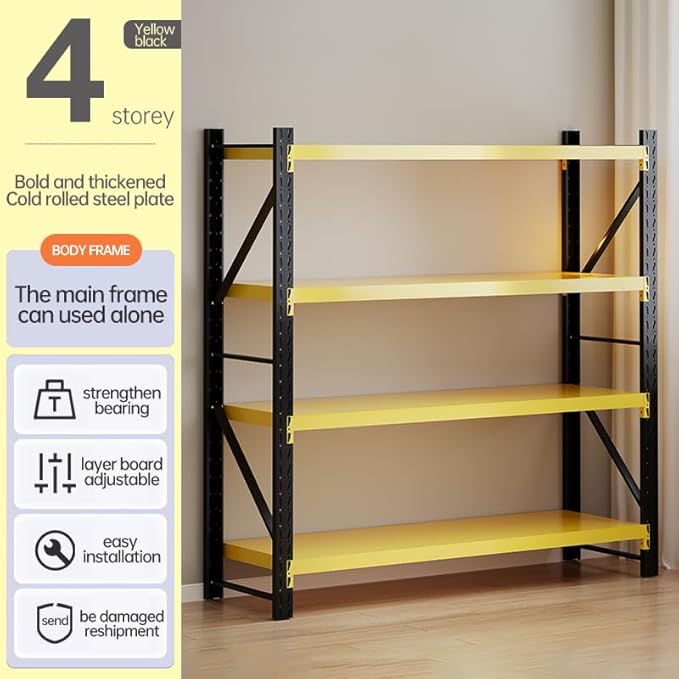 Storage Shelves Heavy Duty, Metal Garage Shelving Units, 4 Tier Storage Rack Shelf, Steel Industrial Shelving, Adjustable Standing Shelf for Basement/Warehouse Yellow and Black, W59.06*D19.69*H78.74