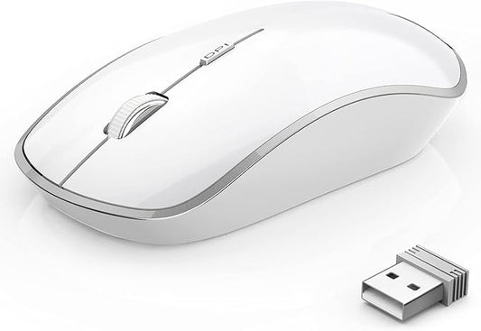 Wireless Mouse for Laptop, J JOYACCESS Silent Stream line Optical Cordless Mouse with USB Nano Receiver and High Precision 2400 DPI-Silver+White