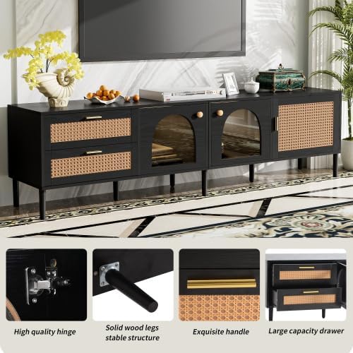 Rattan TV Stand for 75 Inch TV, Modern Farmhouse Media Console with Solid Wood Legs, Multi-Functional Storage & Cable Management, Easy Assembly Entertainment Center for Living Room Home