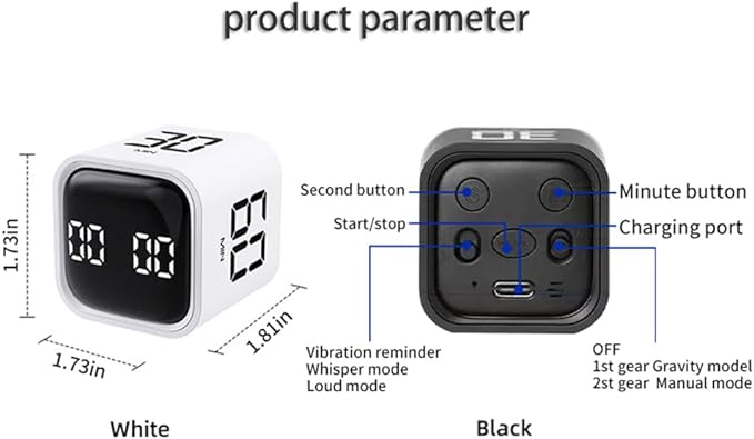 Digital Cube Pomodoro Timer Desk Rechargeable Productivity Timer 5/10/30/60min & Custom Countdown, Vibration & Adjustable Sound Alarm,for Task Work Kitchen ADHD Kids Studying (White)