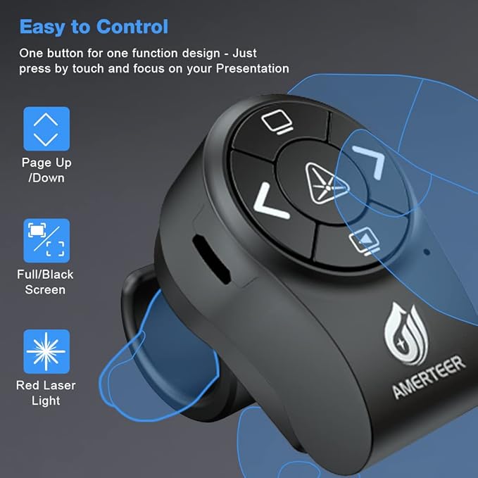 AMERTEER Wireless Presentation clicker for PowerPoint Presentations, RF 2.4GHz Finger Ring Remote, PPT Slides Clicker Pen Rechargeable
