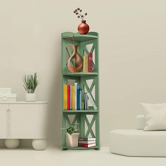 NHZ Corner Shelf Stand, Wood Corner Bookshelf, Corner Bookcase and Plant Stand (Green, 4 Tier)