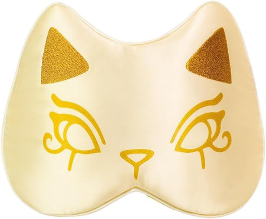 Silk Sleep Mask Blindfold Eye Mask for Sleep Cute Cat Print Embroidered Eye Cover Adjustable Oversized Egyptian Bastet with Gift Box&Pouch（Isis Ivory-Elastic Strap）