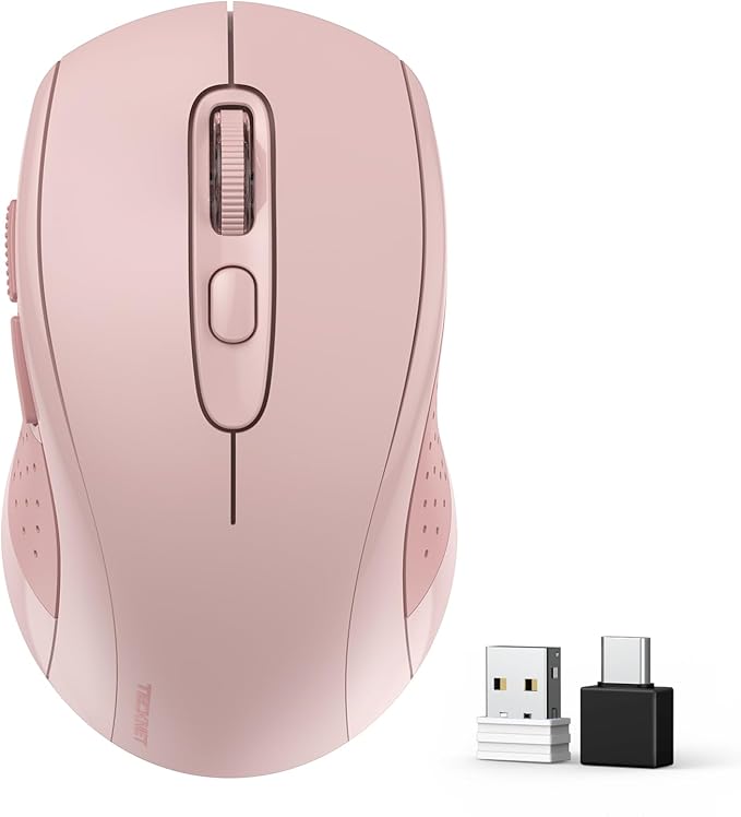 TECKNET Bluetooth Mouse, 4000DPI Wireless Mice for Laptop 2-in-1(BT 5.0/3.0+2.4Ghz) Computer Portable PC Mouse Wireless with USB Receiver for Mac (USB-A/C+Bluetooth, Pink)