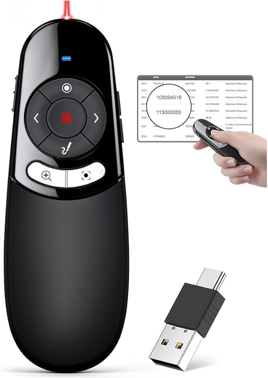 2 in 1 Type C USB Presentation Clicker with Physical and Digital Function, RF 2.4GHz Wireless Presenter Remote PPT Clicker for Computer Presentations, Slide Advancer for Mac Laptop