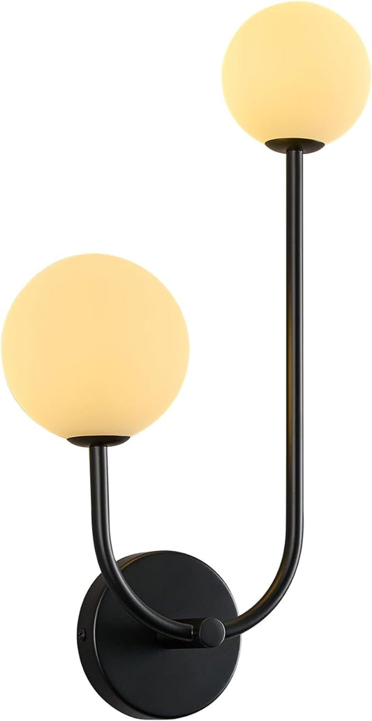 Milk Glass Wall Sconce Black Wall Sconces Mid Century Modern Sconces Wall Lighting 2 Light Globe Sconce for Bedroom Living Room Hallway Wall Light Fixtures
