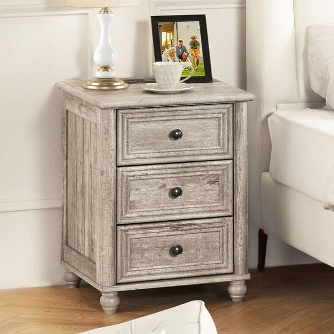 18" Farmhouse Nightstand with Charging Station and USB Port, Grey Night Stand with 3 Drawers, Wood Bedside End Table with Storage, Bed Side Tables for Bedroom Living Room and Closet
