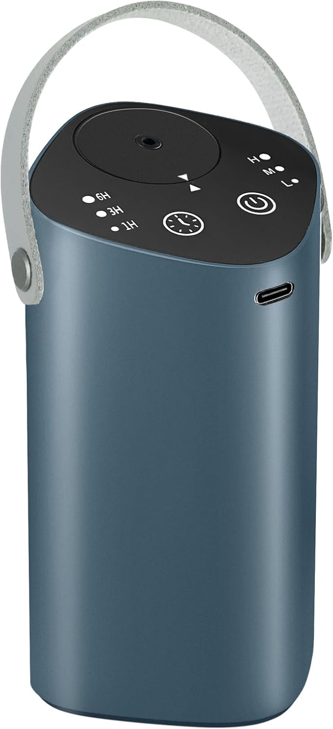Waterless Essential Oil Diffuser for Car & Home，Aromatherapy Diffuser with 4 Timer（1/3/6/Off, 3 Mist Mode, Battery Operated, Air Scent Diffuser for Bathroom Office, Small Aroma Diffuser Greyblue