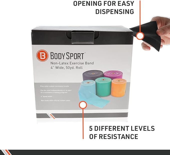 Body Sport Exercise Band, 50 yd. x 4 in. Roll - Home & Gym Fitness Equipment for Stretching, Strength Training & Physical Therapy