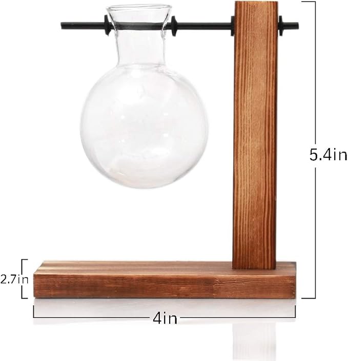 Kingbuy Glass Planter Bulb Vase Desktop Plant Terrarium with Retro Solid Wooden Stand for Propagation Hydroponics Water Plants Home Garden Office Decor