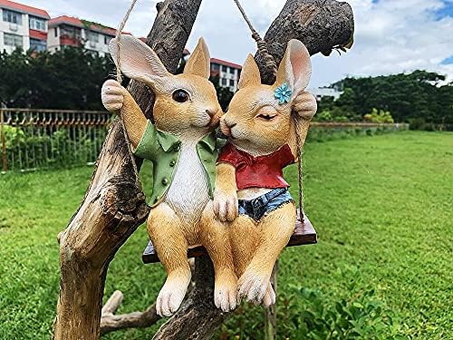 iRonrain Garden Statue Swing Bunny Couples, Indoor Outdoor Hanging Rabbits Lover Sculpture Funny Simulation Art Décor Figurine Ornament for Fence Pathway Backyard Landscape Tree Decorations
