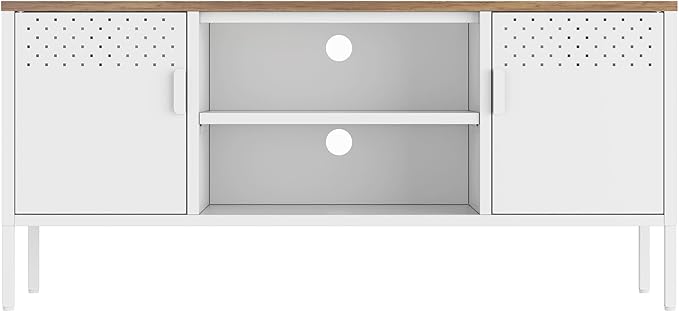 Manhattan Comfort Landen 47" Modern Metal TV Stand with Storage Cabinets & Open Shelves, Holds Up to 40" Screen, TV Console with Natural Wood Top, Cable Management, Adjustable Legs, White